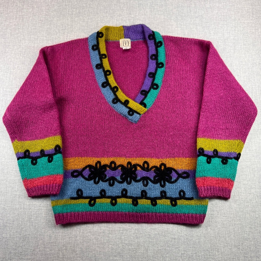 VTG 90s IVY Mohair Blend Colorblock‎ Knit Sweater Women M Pink Cozy Artsy Bold